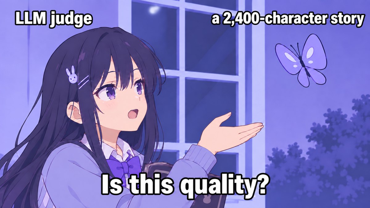 Meme: the LLM judge points at a 2,400-character story and asks: is this quality?